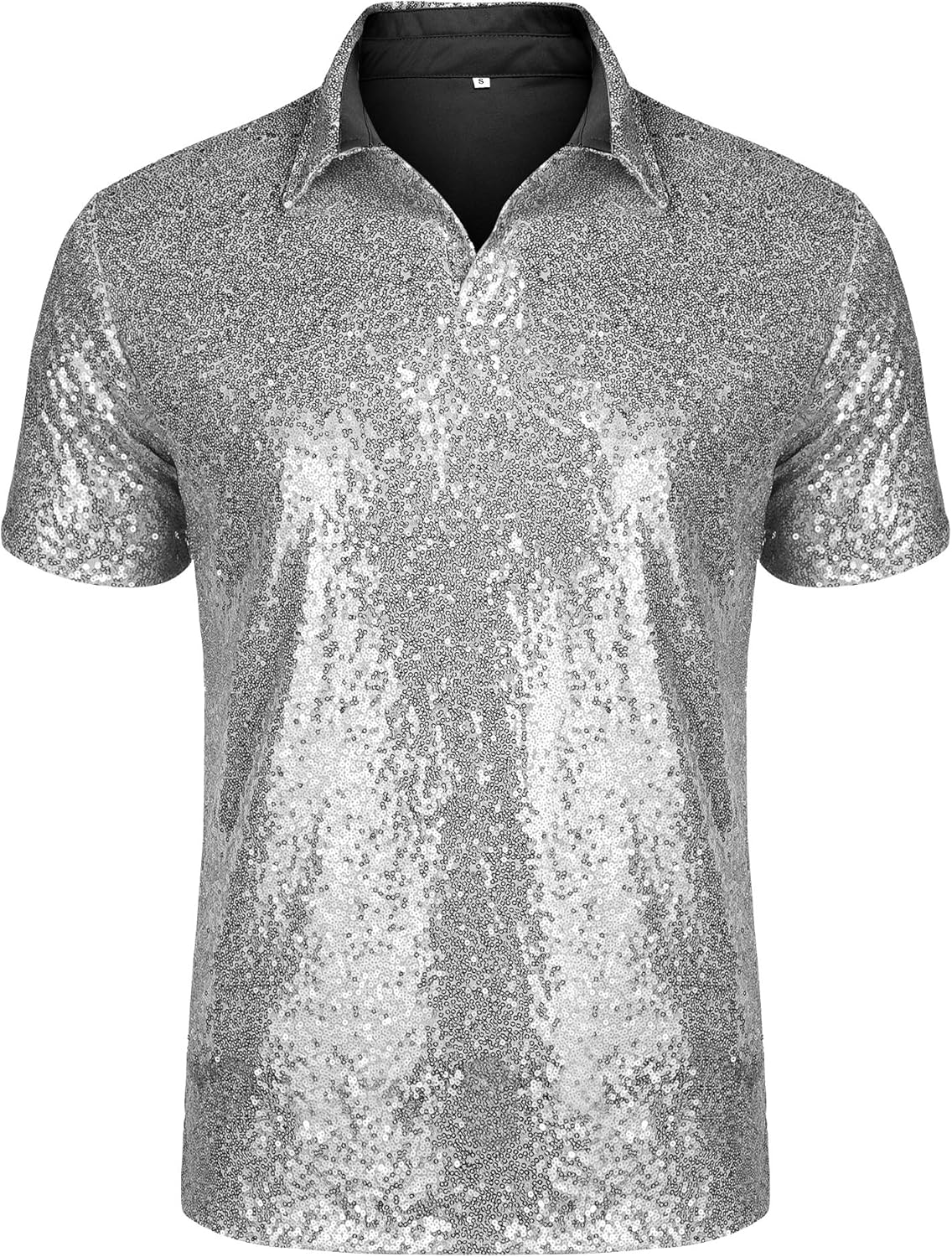 URRU Men's Relaxed Short Sleeve Sequin Polo Shirt for Parties