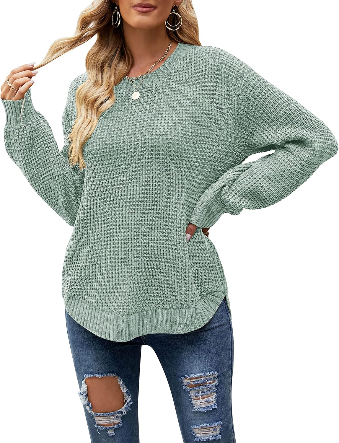 Waffle Knit Pullover Tops for Women - Trendy Fall Sweater