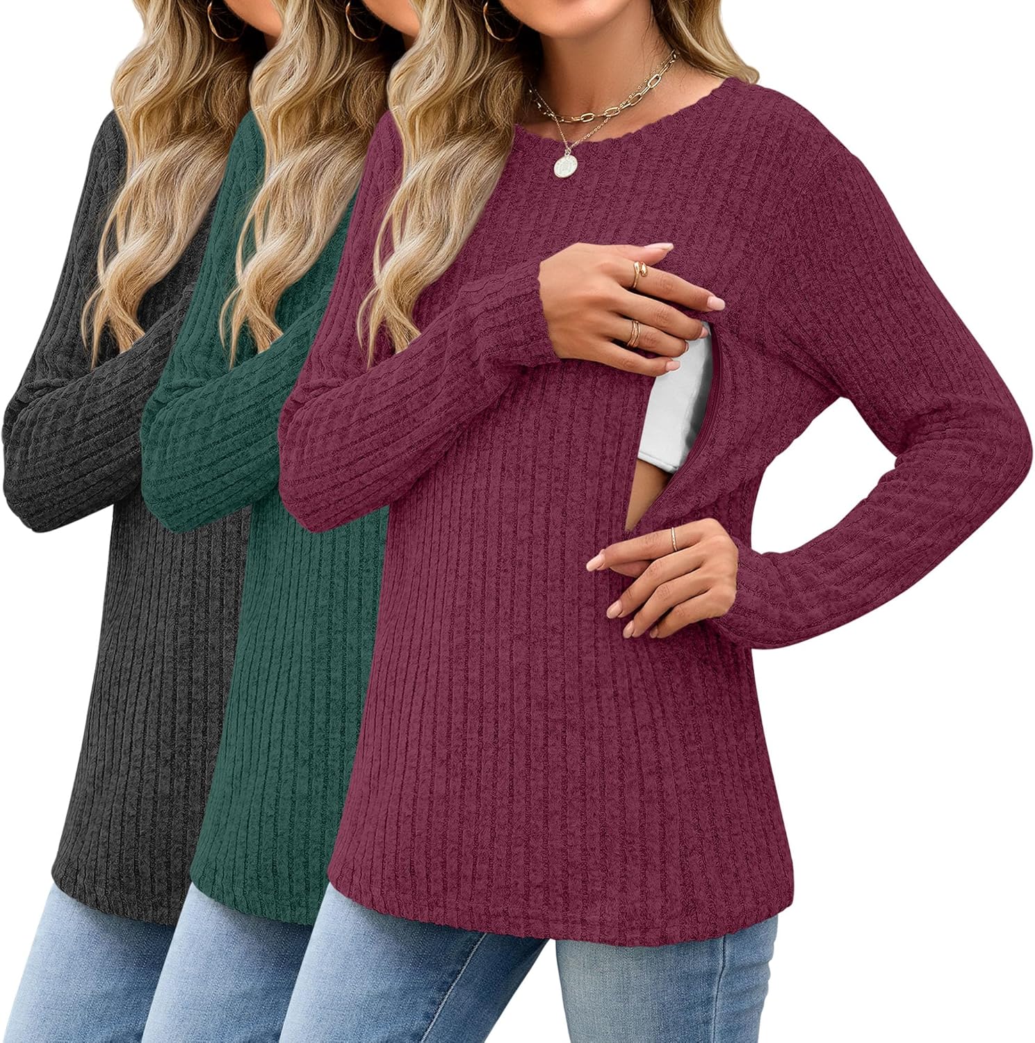3 Pack Women's Nursing Long Sleeve Tops for Breastfeeding Comfort