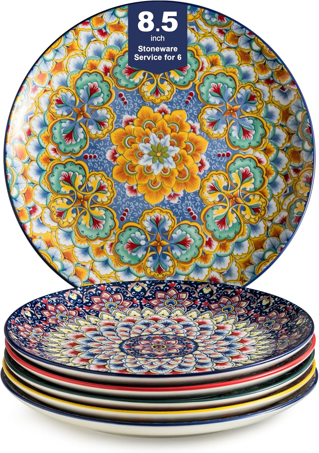 Colorful Bohemian Salad Plate Set of 6, 8.5 Inch Dishes