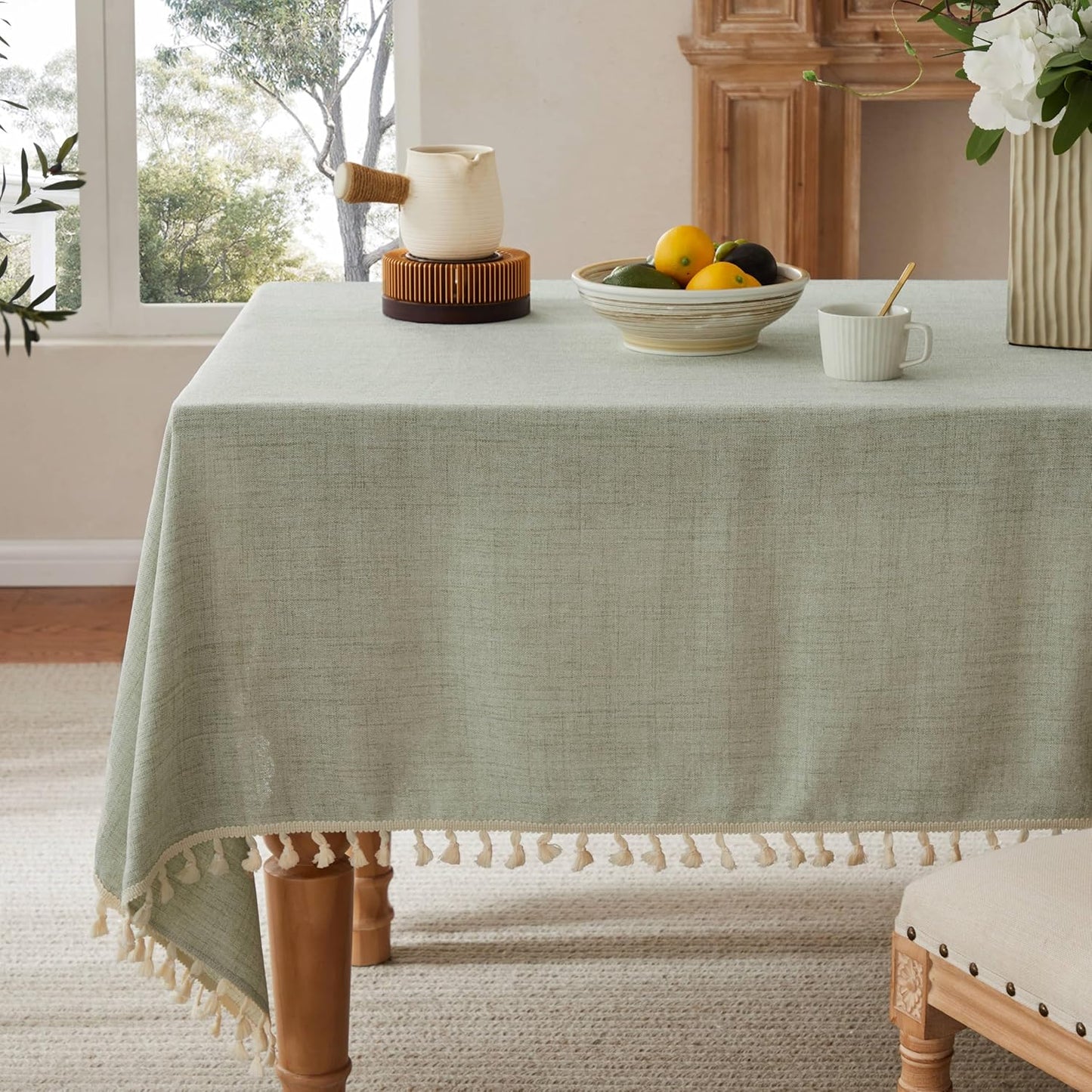 Linen Tablecloth with Tassels for Farmhouse Style Decor