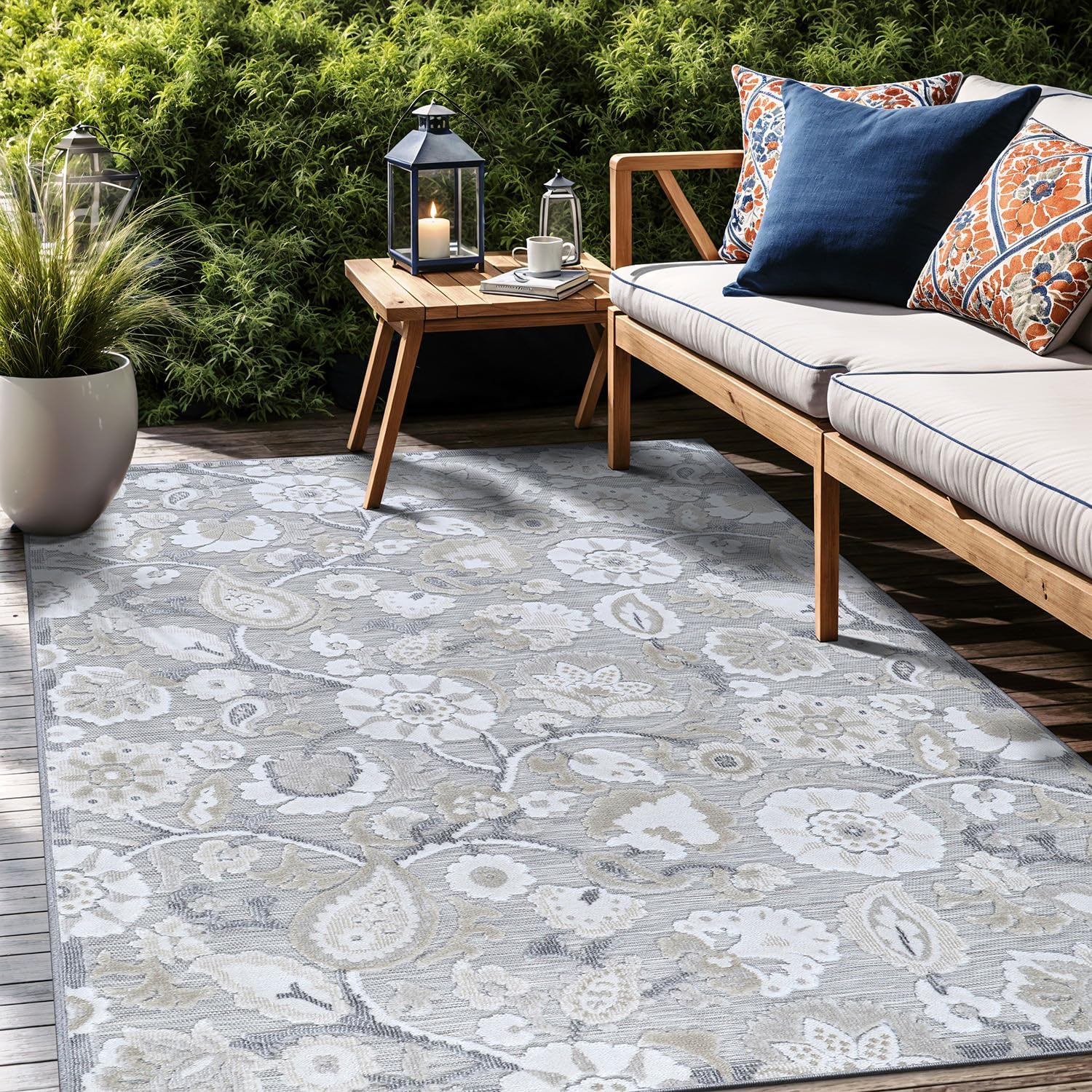 Floral Indoor Outdoor Rugs 8x10 for Living Room and Patio
