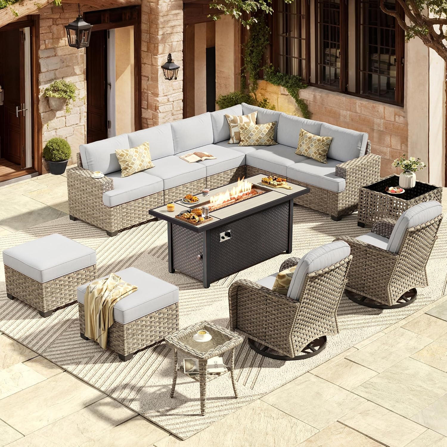 HOOOWOOO Outdoor Sectional Patio Furniture Set with Fire Pit