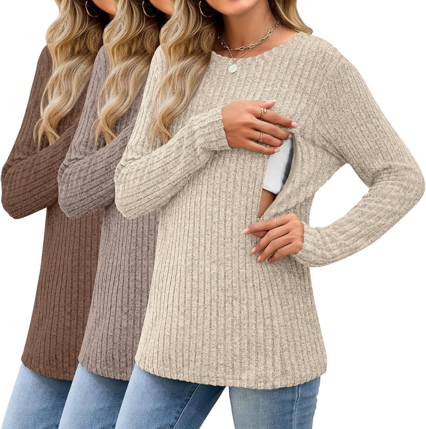 3 Pack Women's Nursing Long Sleeve Tops for Breastfeeding Comfort