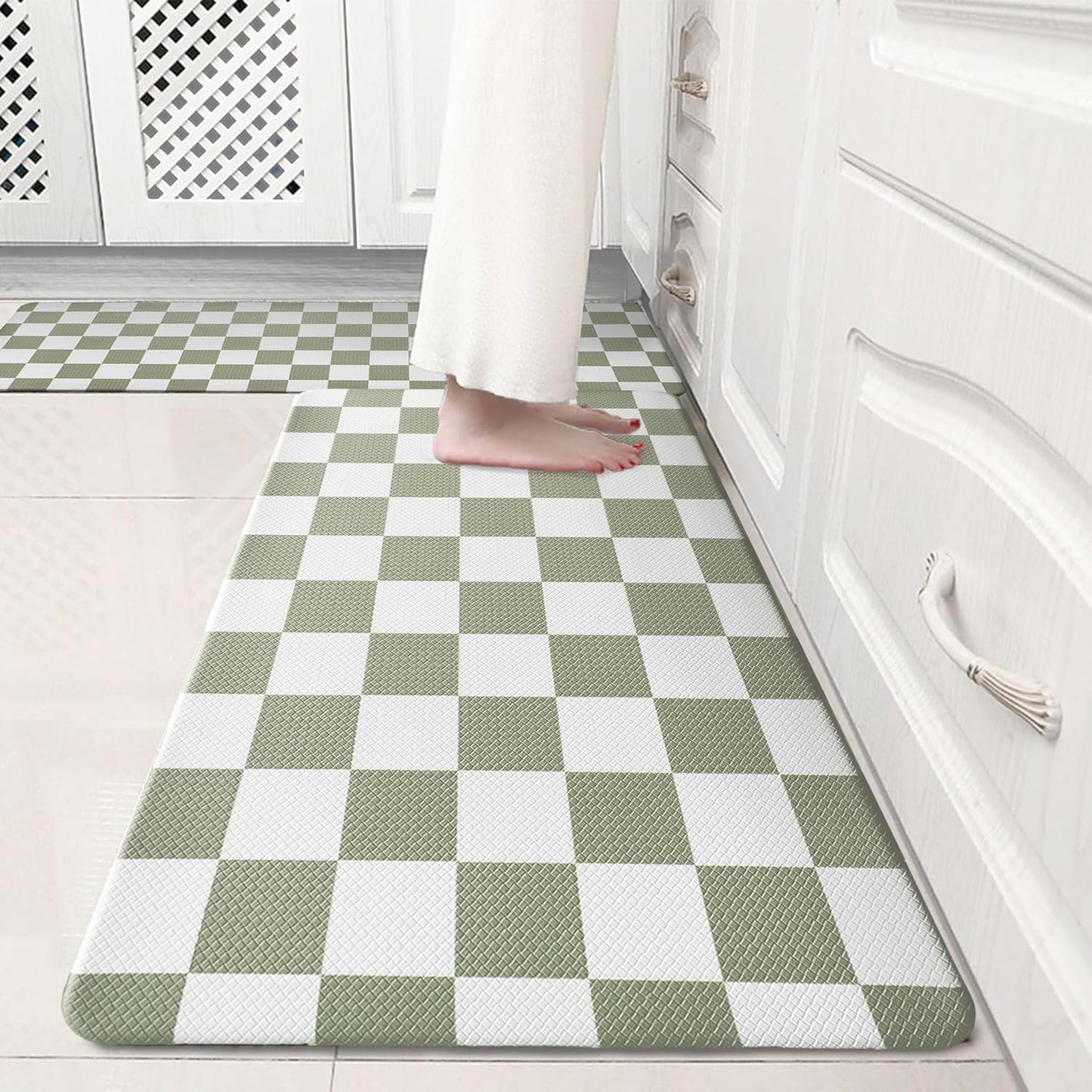 Sage Green Checkered Kitchen Rug Sets for Comfort and Style