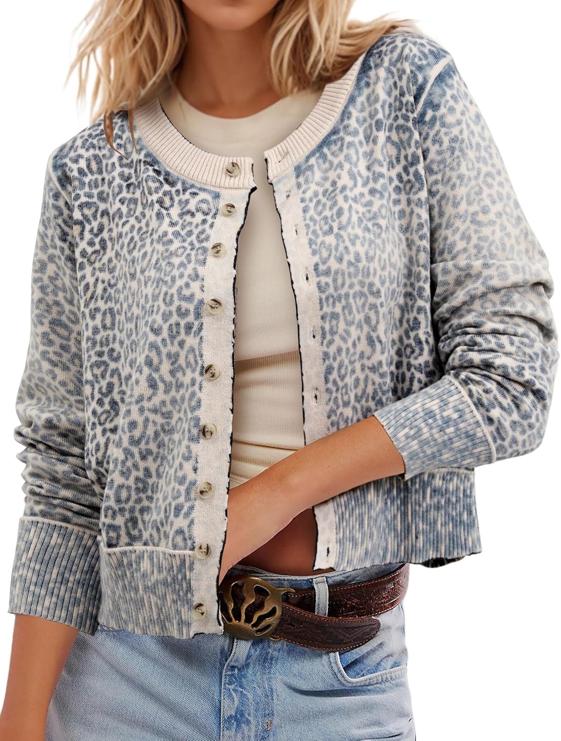 Leopard Cardigan Open Front Button Up Sweaters for Women