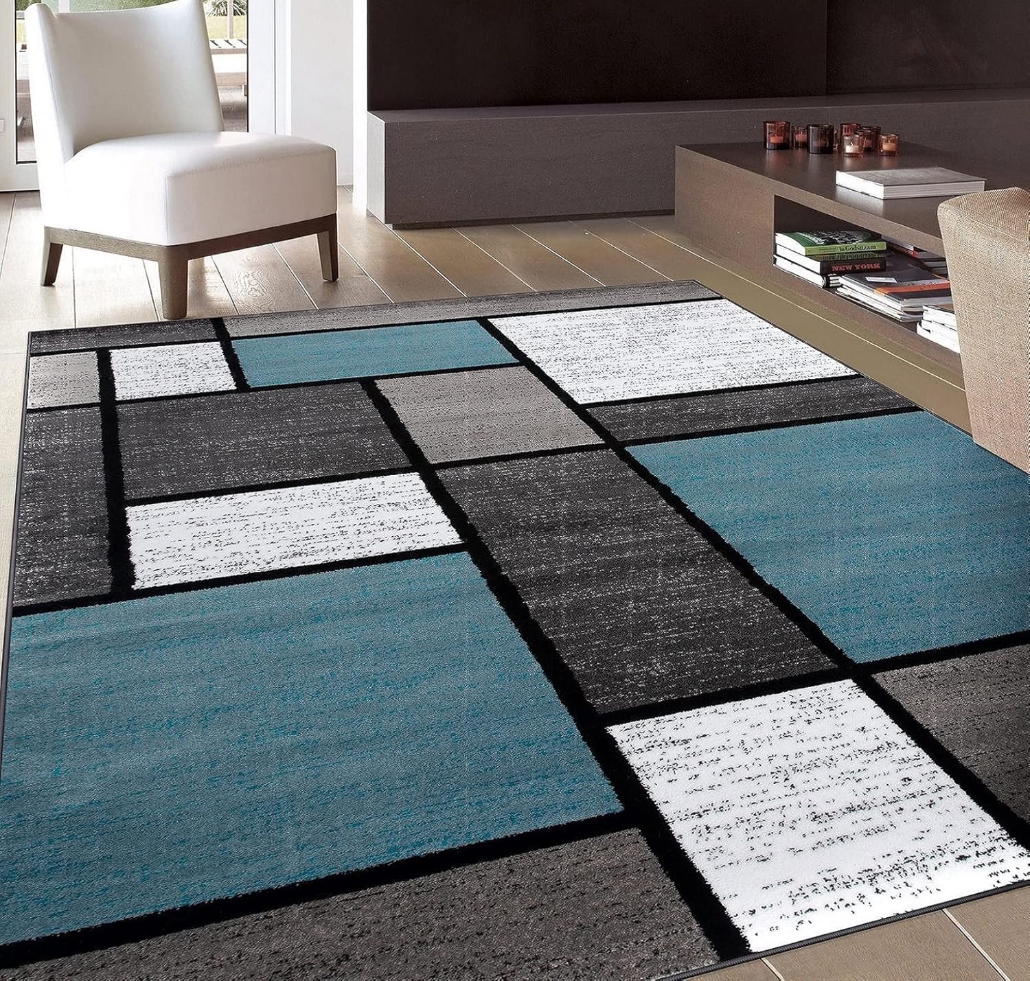 Rugshop Modern Geometric Boxes Blue Area Rug for Home Spaces
