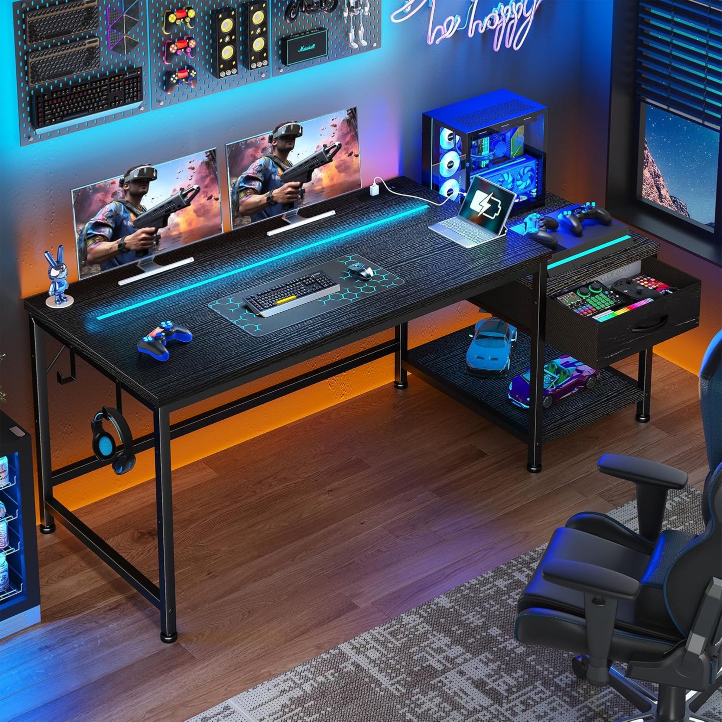 Gaming Desk 48.1 Inch with LED Lights and Power Outlets