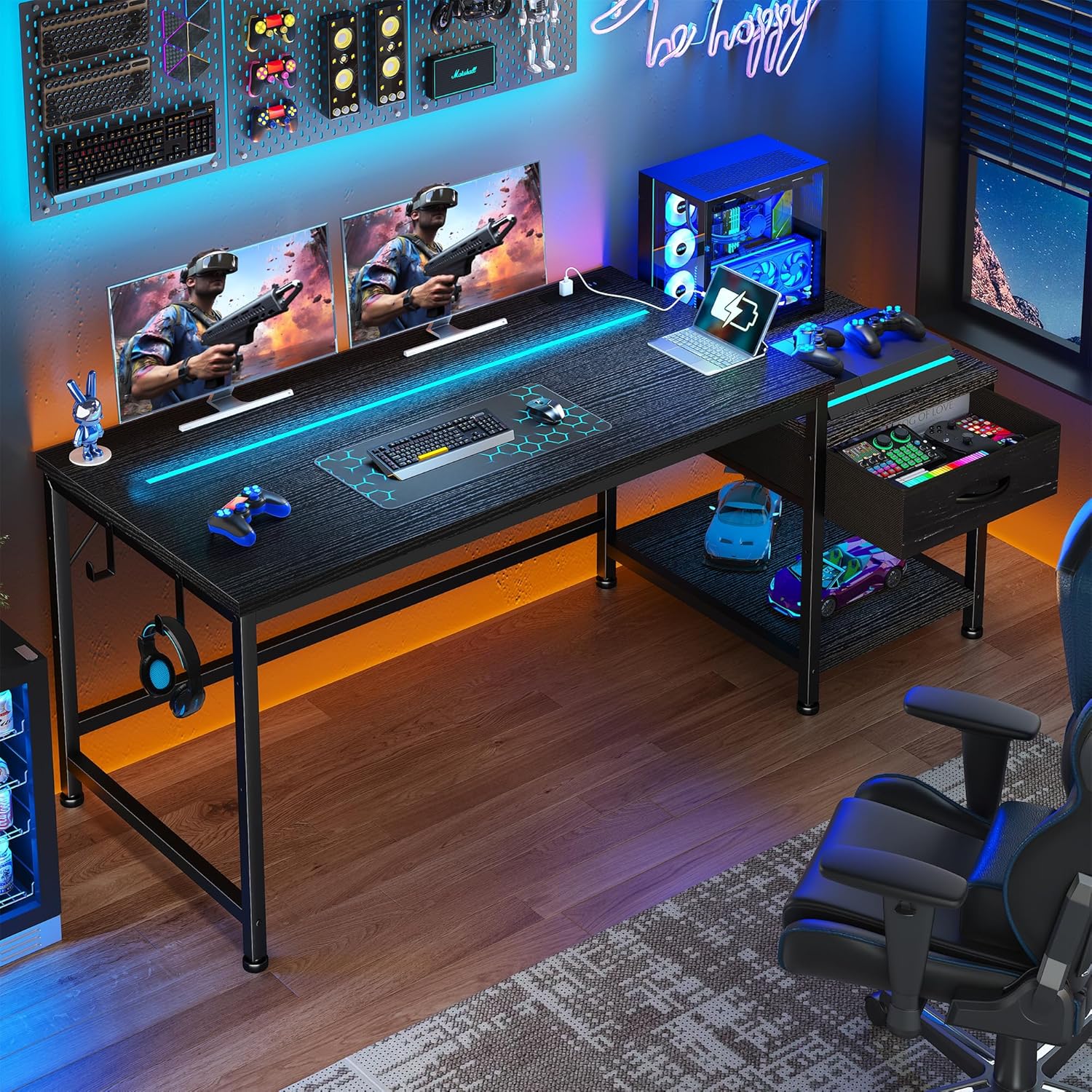 Gaming Desk 48.1 Inch with LED Lights and Power Outlets