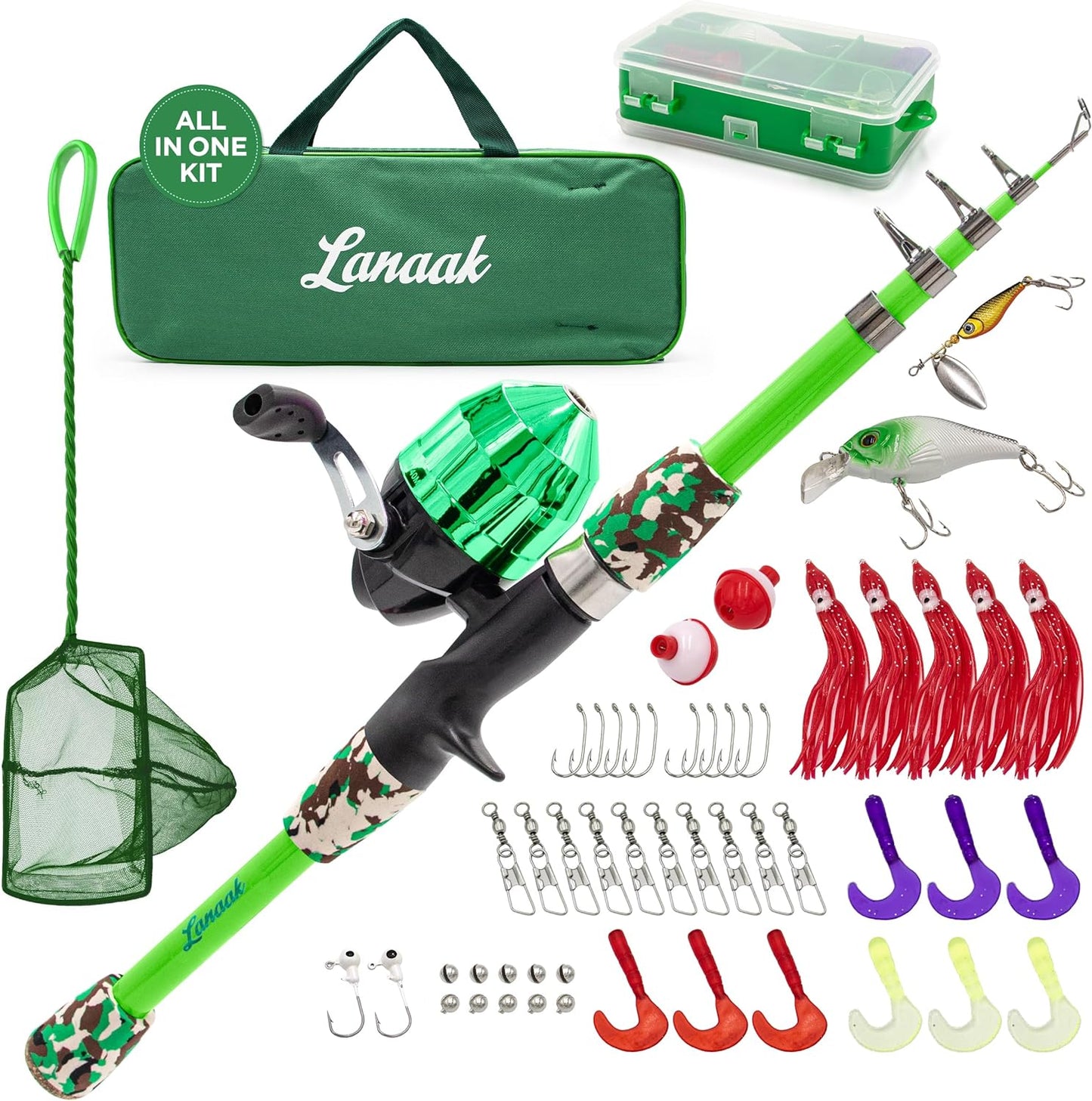 Kids Fishing Pole Set with Tackle Box and Net for Ages 5-10