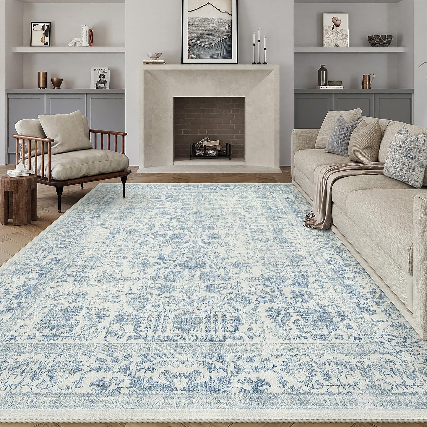 Blue Area Rug 10x14 Machine Washable Vintage Living Room Carpet