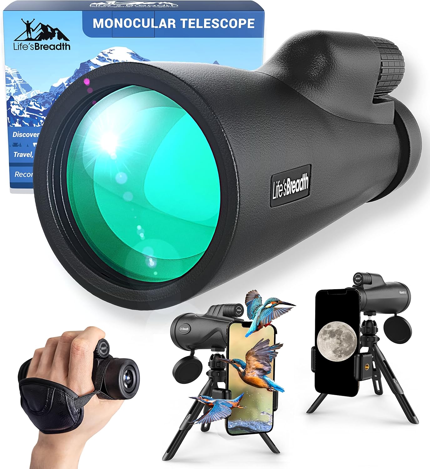 12x52 Monocular Telescope with Smartphone Adapter for Birdwatching