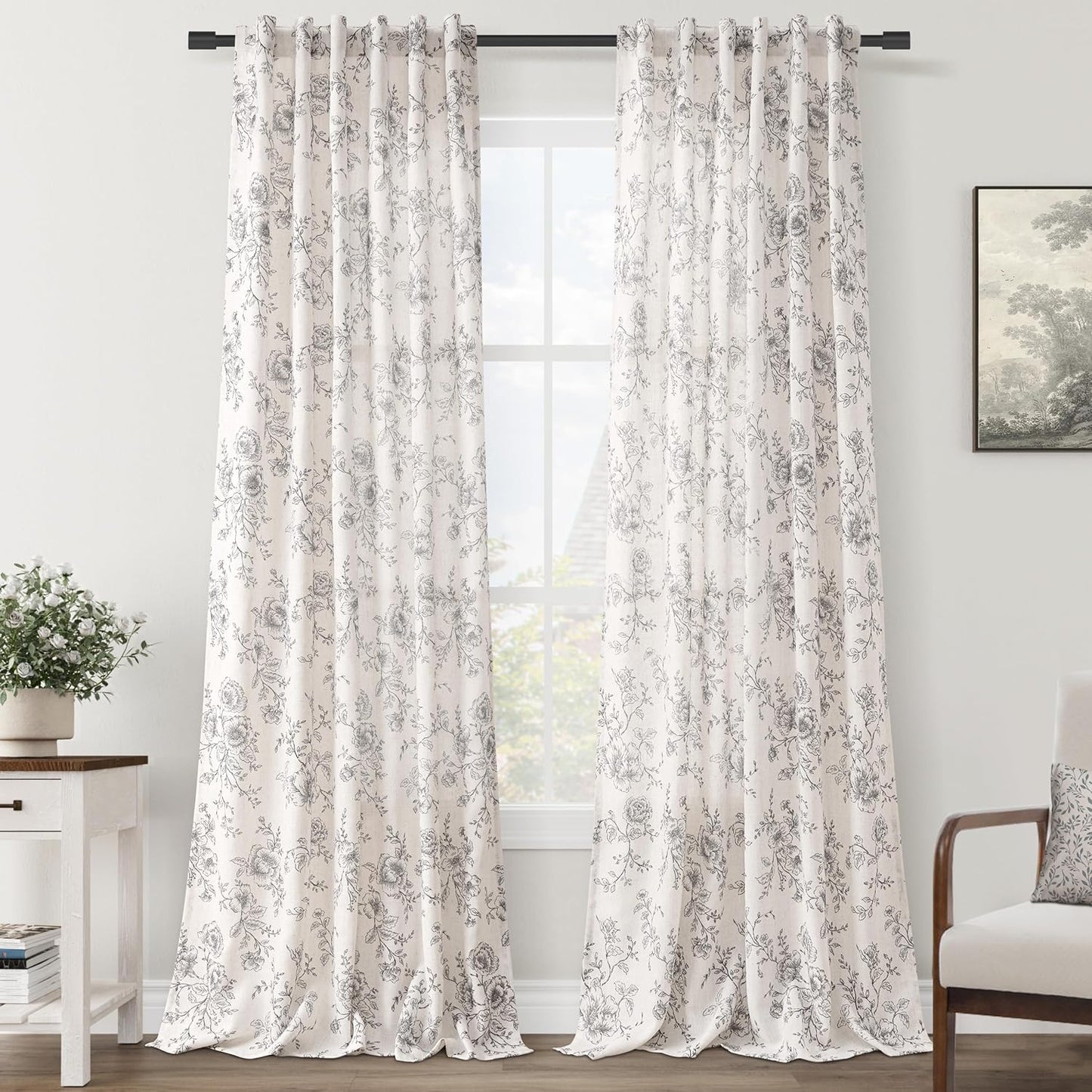 Floral Linen Curtains for Dining Room with Neutral Cream Pattern