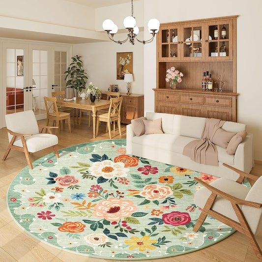 DUKINO Floral Round Rug - Soft Washable Circle Rug for Home