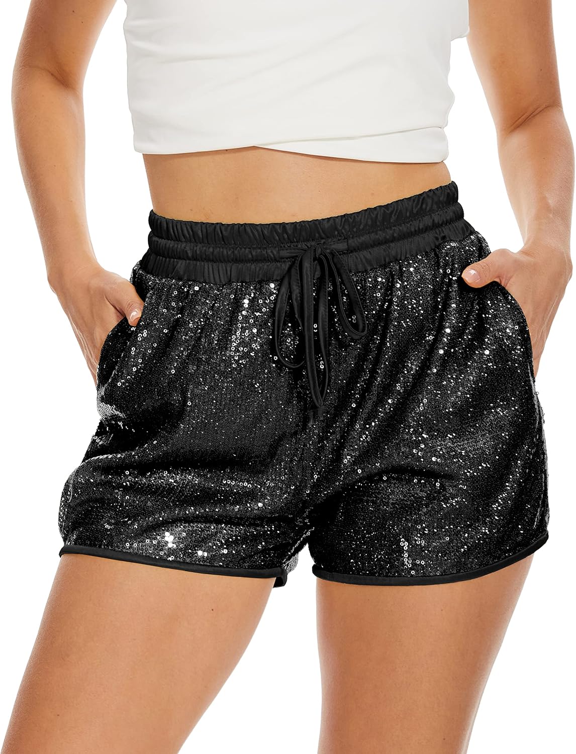 PESION Sequins Rave Shorts for Women High Waist Casual Style