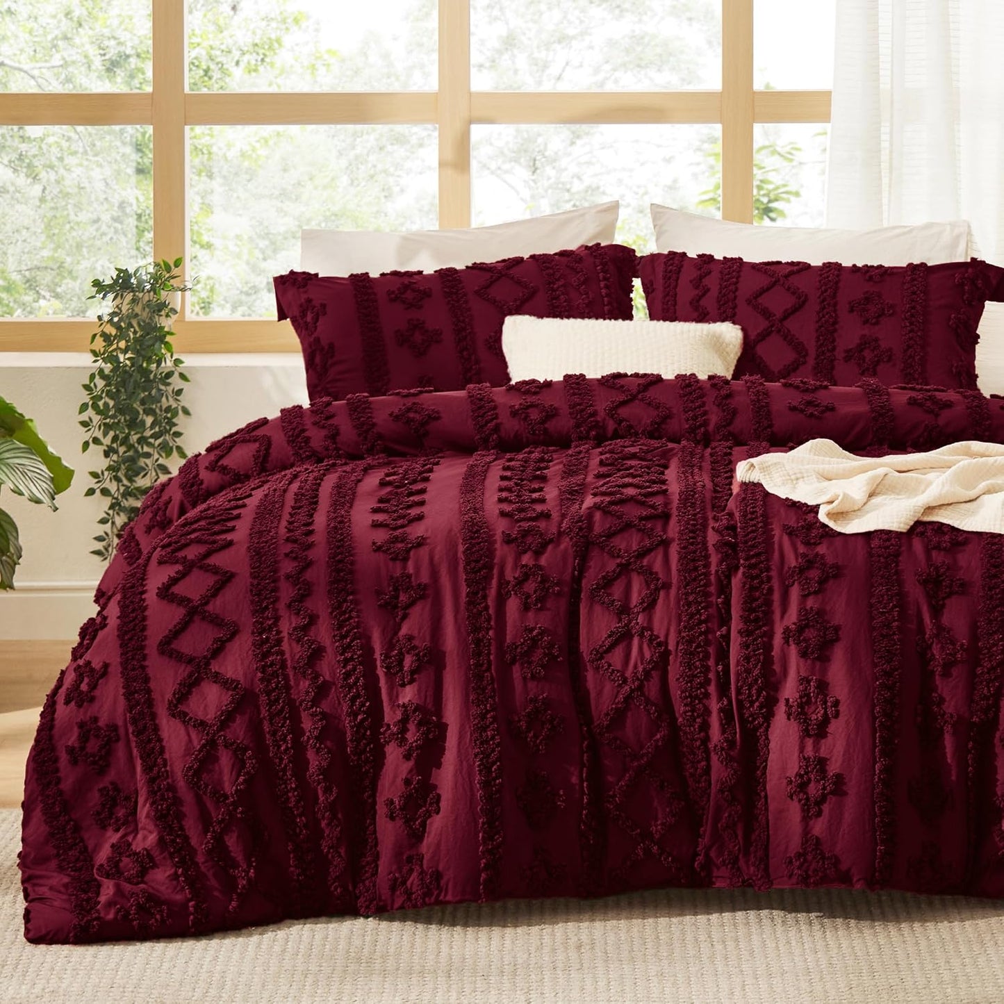 Boho Comforter Set Queen Size - Dark Red Tufted Bedding