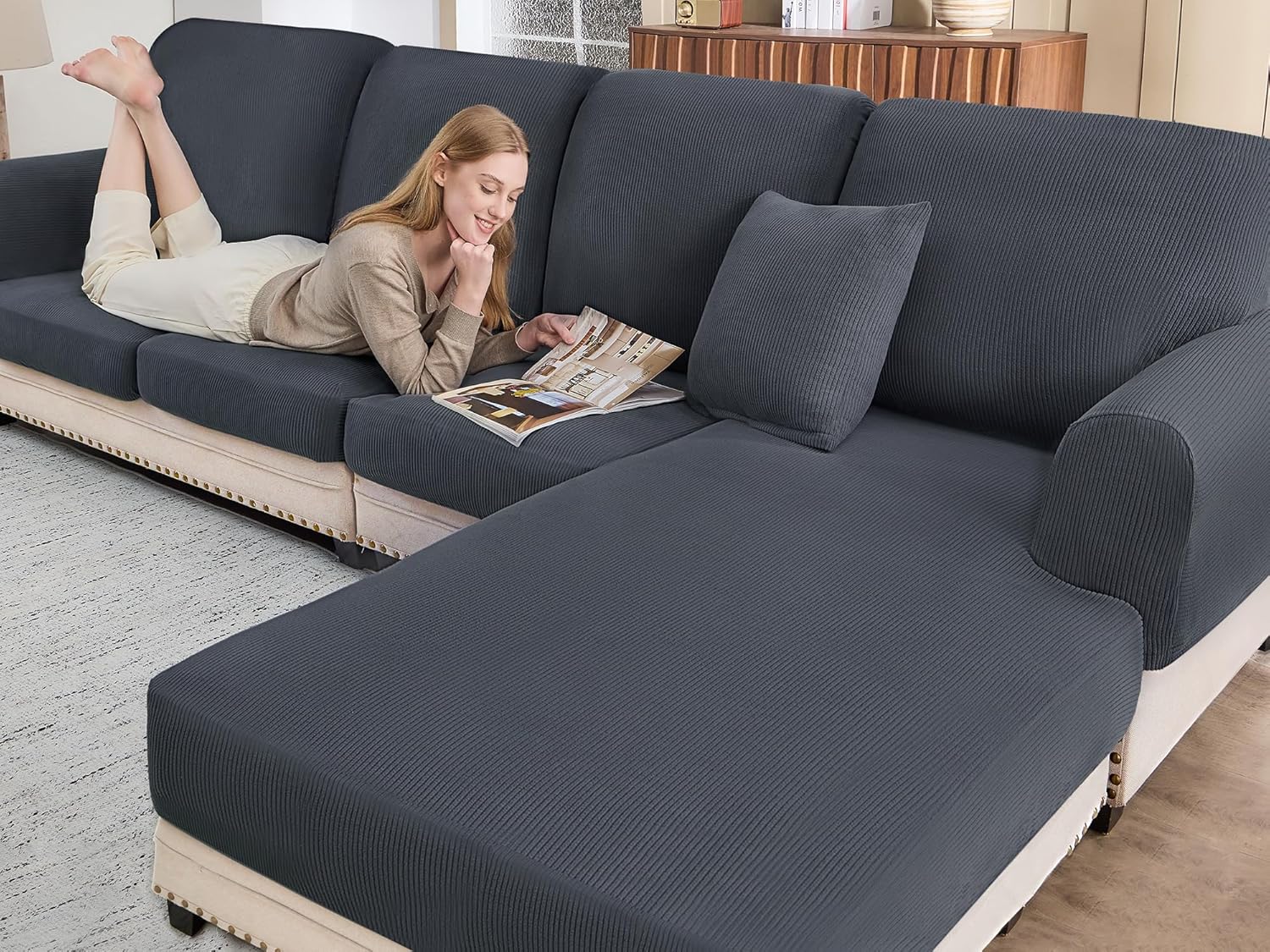 L Shaped Couch Cover Washable Soft Slipcovers with Pillowcases