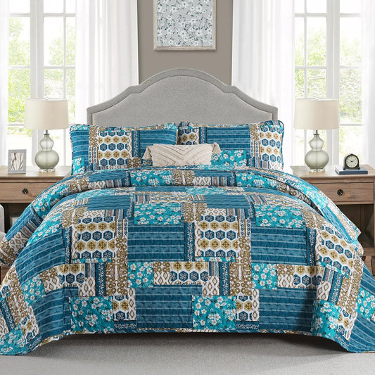 Dusty Blue Quilt Set Queen Size - 3 Pieces Reversible Bedding