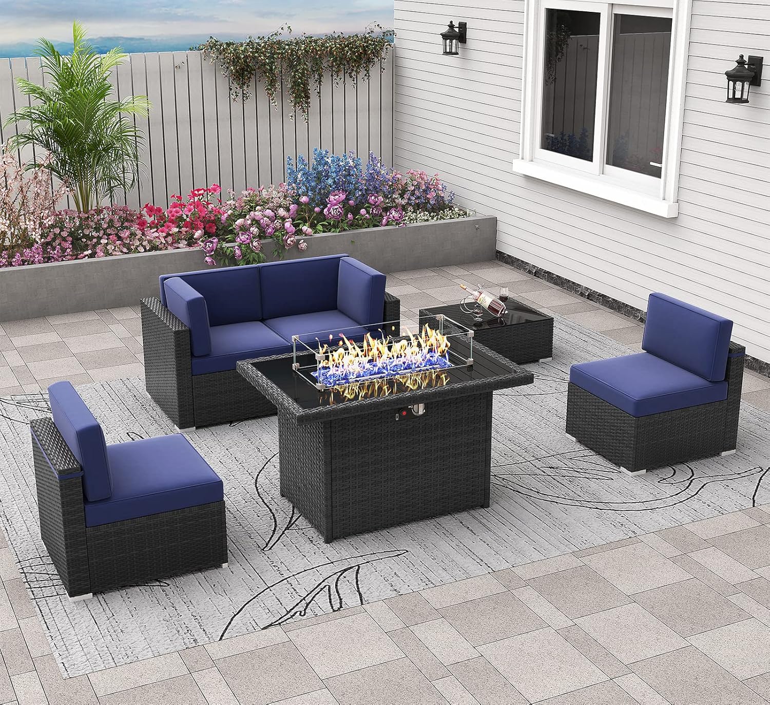 6 Pieces Patio Furniture Set with 44in Fire Pit Table for Outdoors
