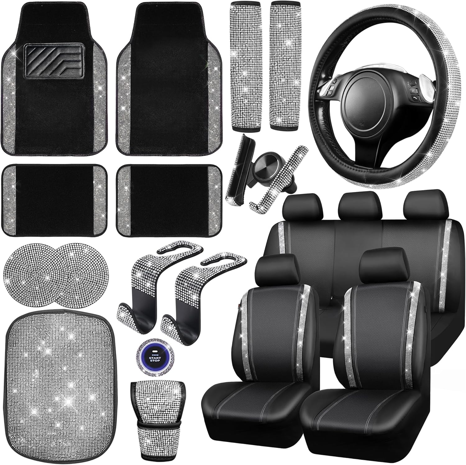 Bling Diamond Car Accessories Set for Women by CAR PASS - 23 PCS