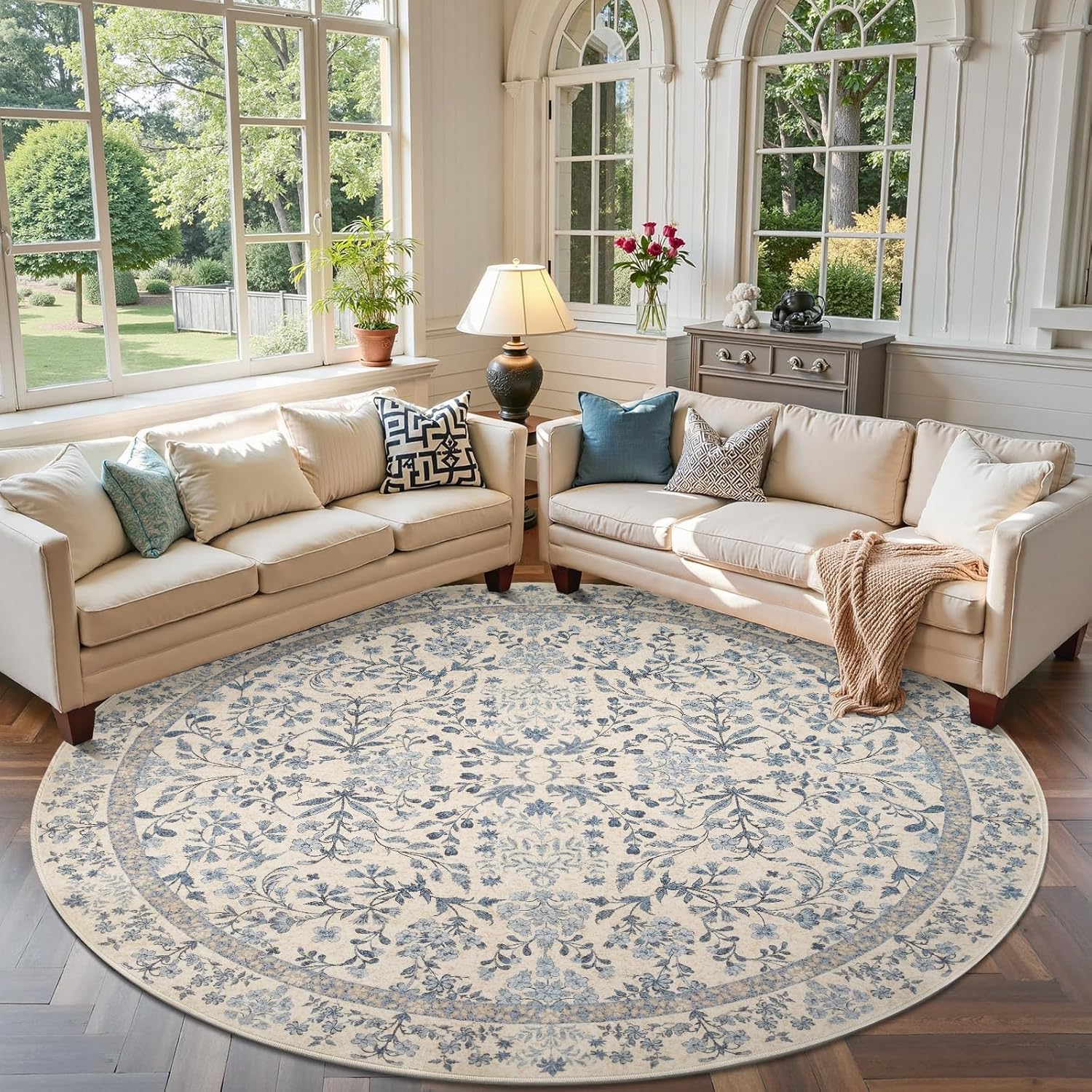 Round Vintage Floral Area Rug 7ft Soft Non-Slip Carpet