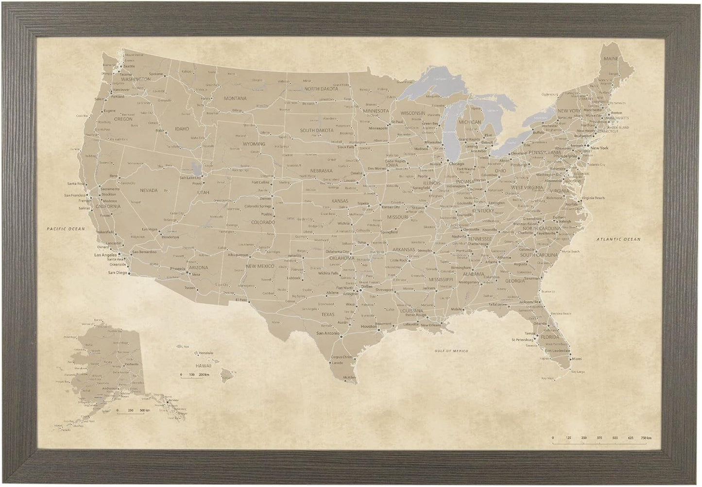 Push Pin Travel Maps Vintage USA Barnwood Gray Framed Map