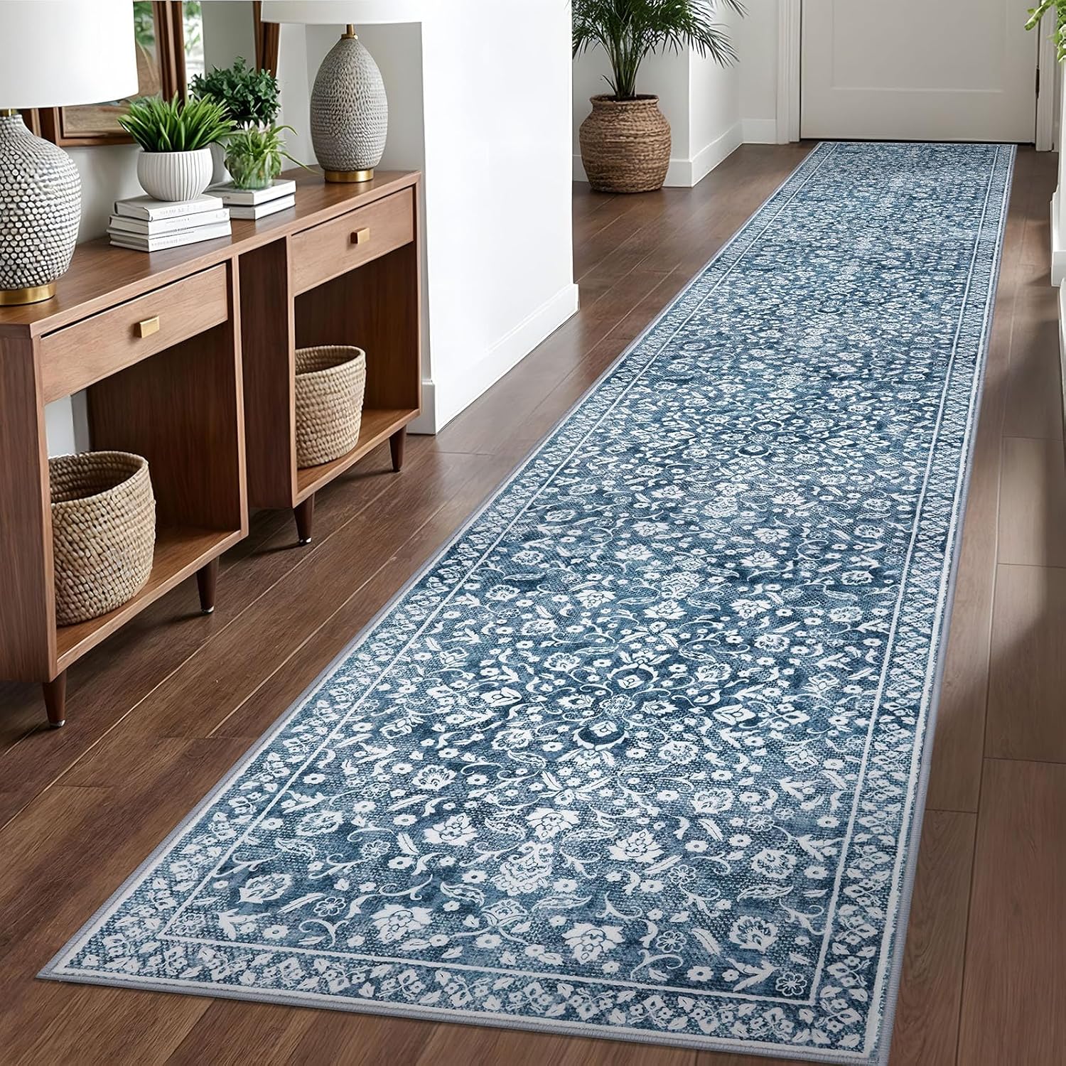 Vintage 2.6x16 Hallway Runner - Soft Floral Non-Slip Carpet