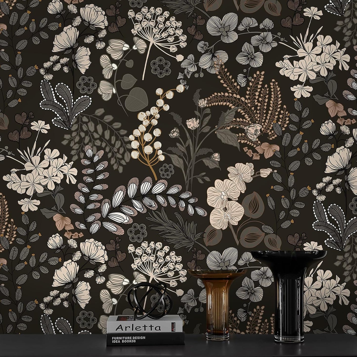Guvana Peel and Stick Wallpaper Black Floral Vintage Design