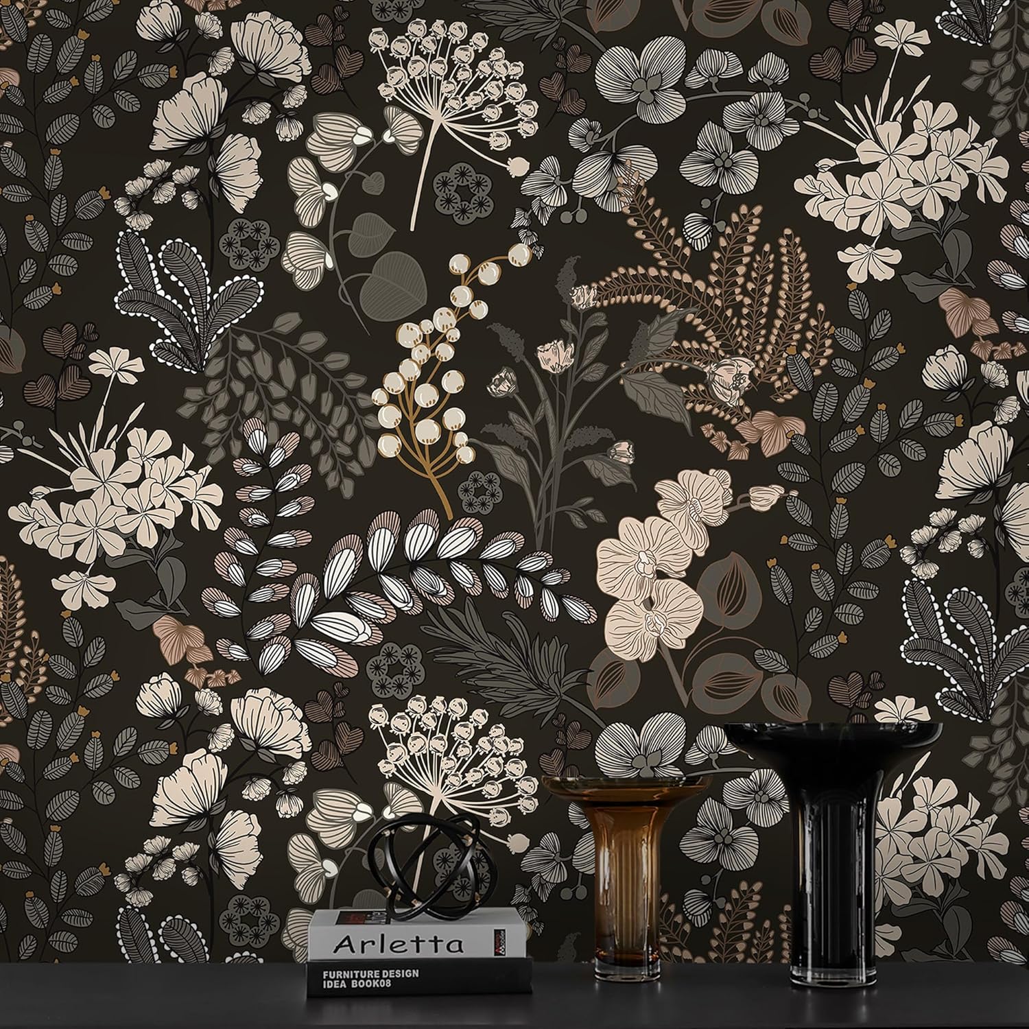 Guvana Peel and Stick Wallpaper Black Floral Vintage Design