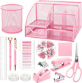 Pink Office Supplies Set Mesh Desk Organizer Kit - Compact Desktop