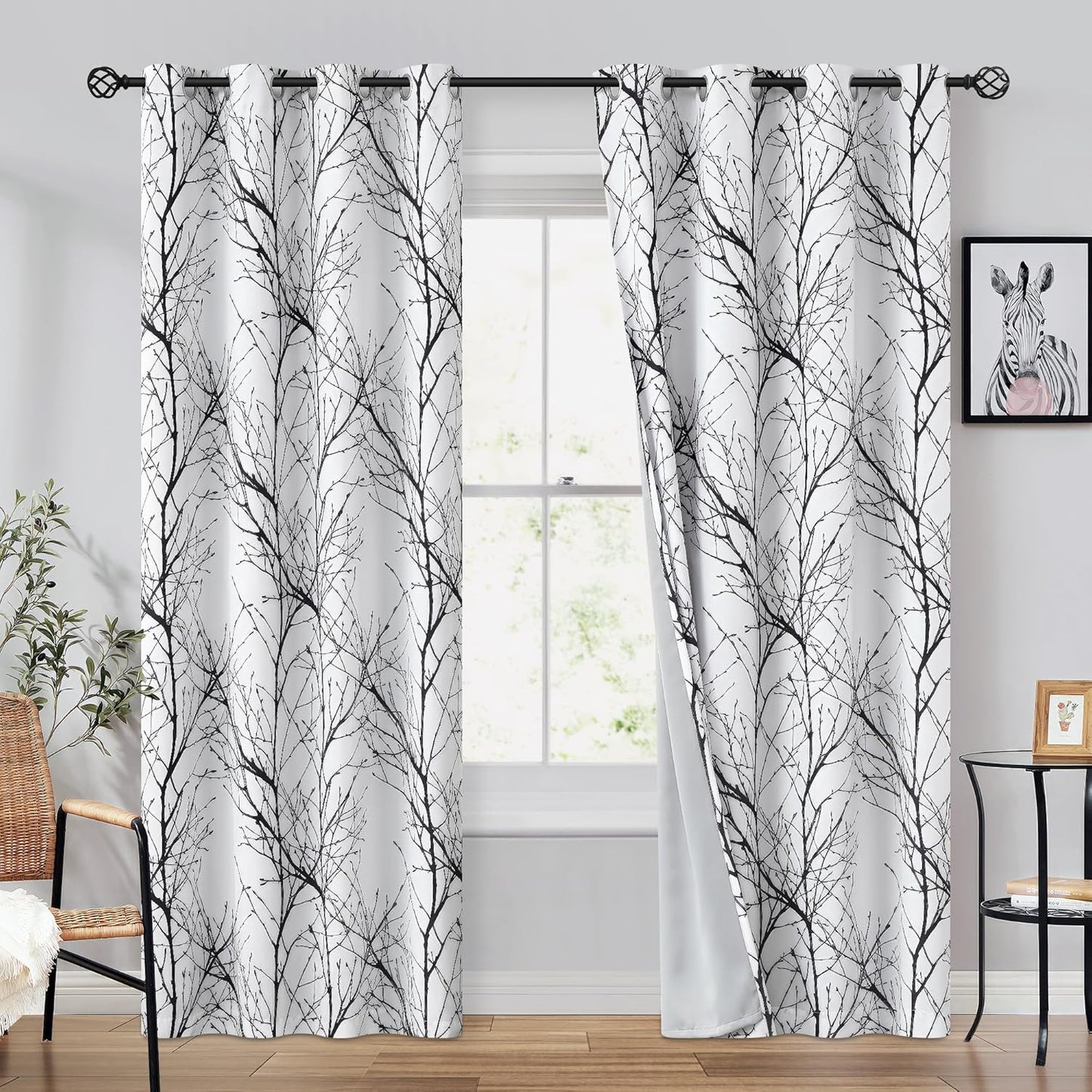 FMFUNCTEX 100% Blackout Curtains with Black Tree Branch Design