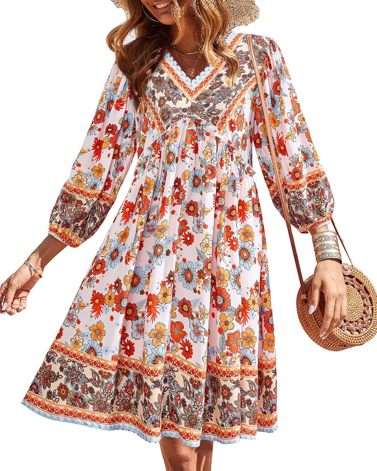 BTFBM Women Casual Spring Summer Dresses V Neck Ruffle Floral