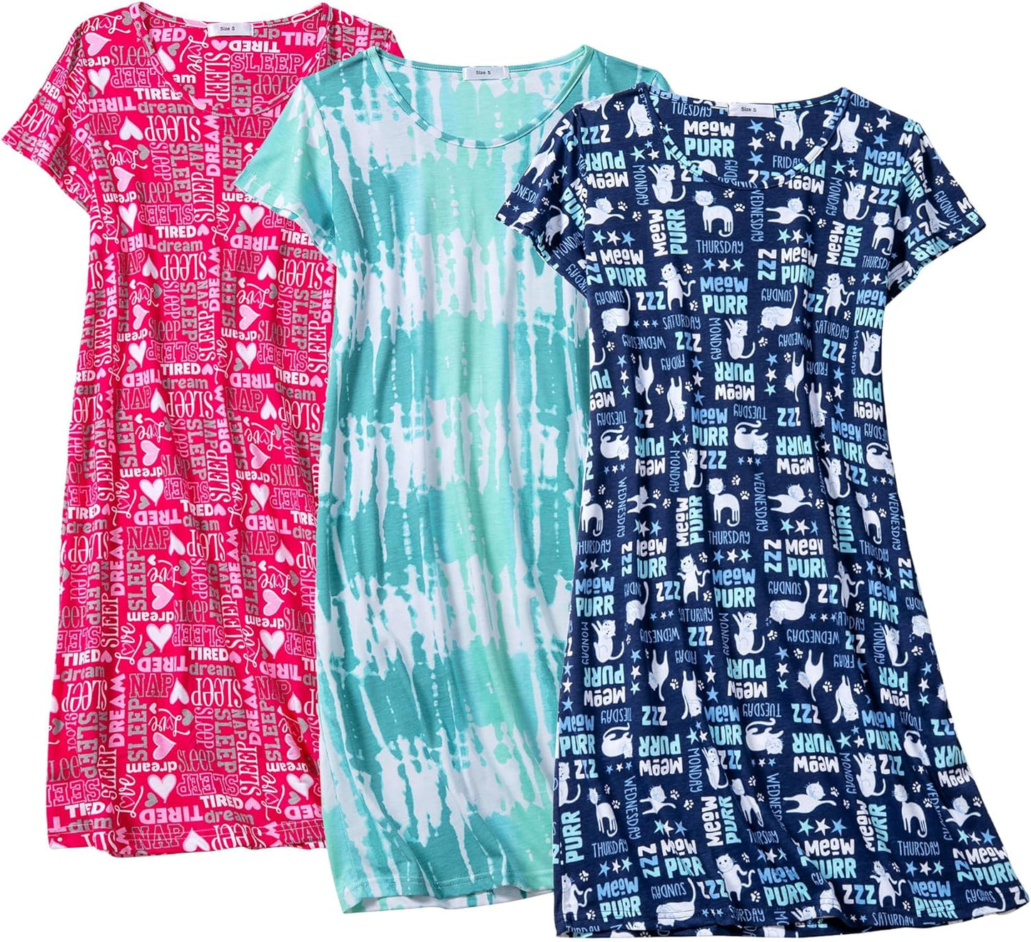 3 Pack Nightgowns for Women Soft Cotton Short Sleeve Sleepwear
