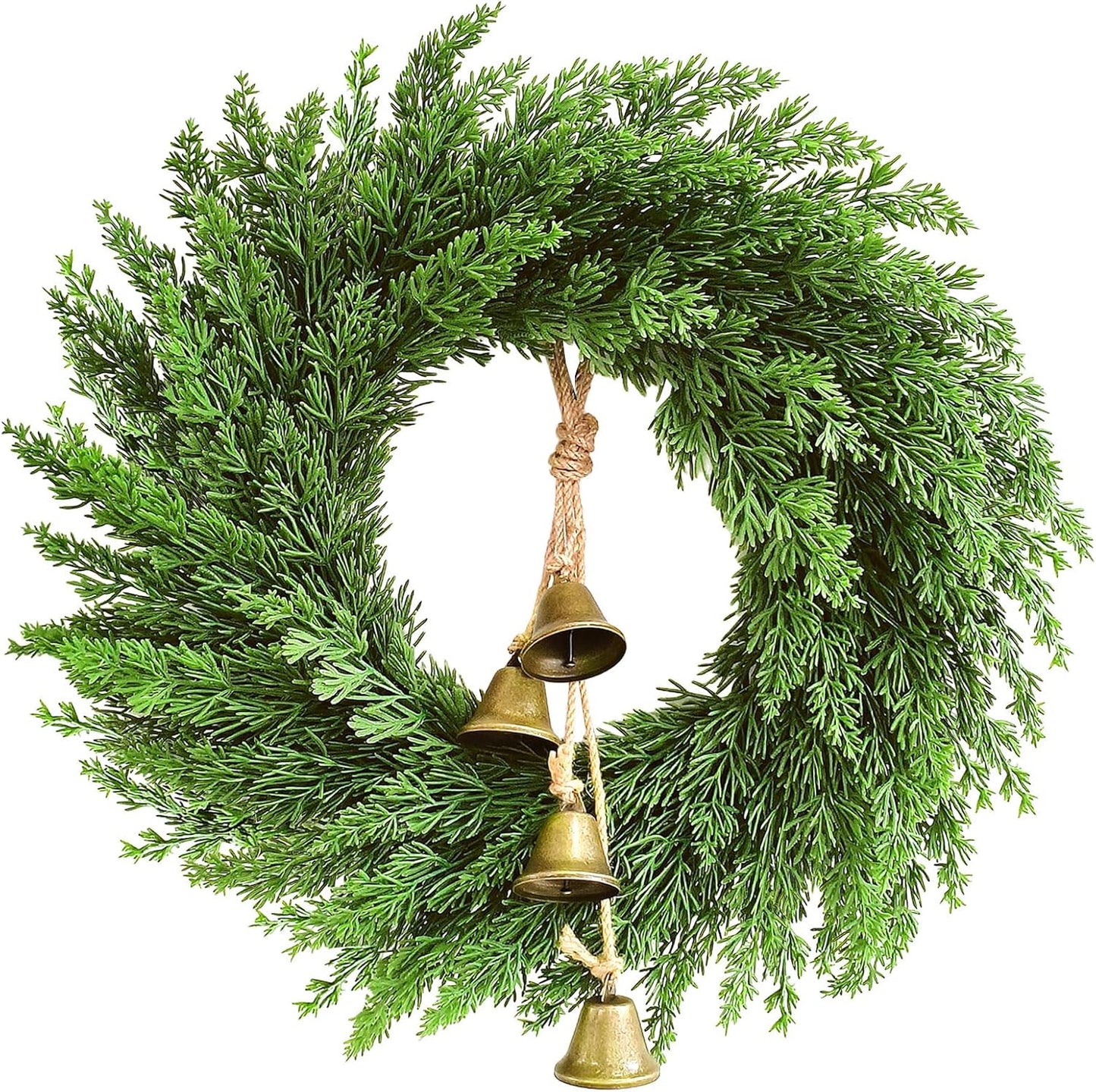 Faux Christmas Norfolk Pine Wreath with Rustic Iron Bells