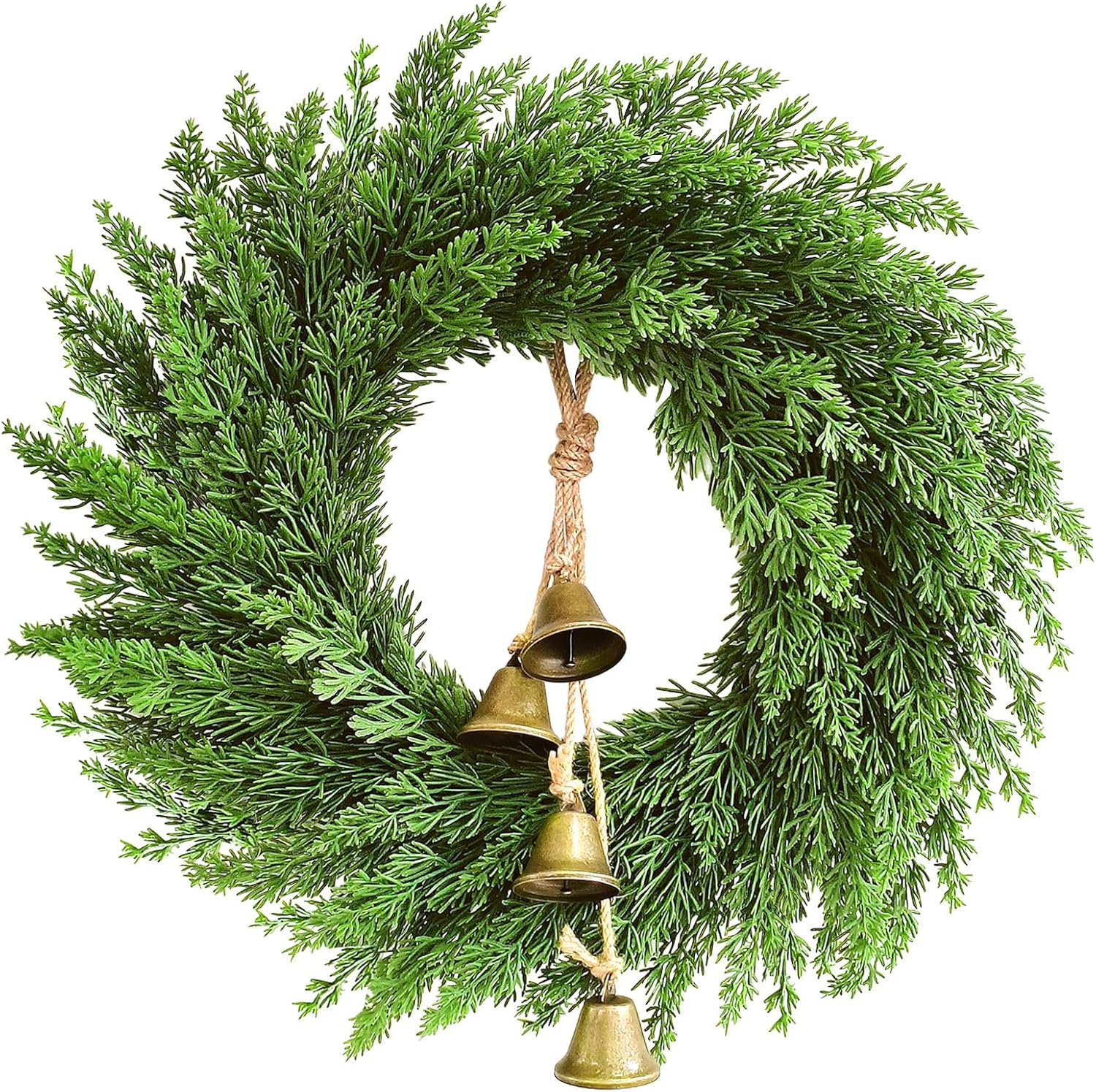 Faux Christmas Norfolk Pine Wreath with Rustic Iron Bells