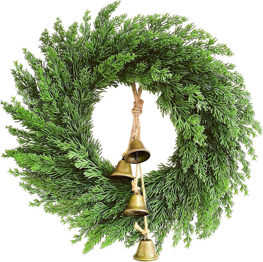 Faux Christmas Norfolk Pine Wreath with Rustic Iron Bells
