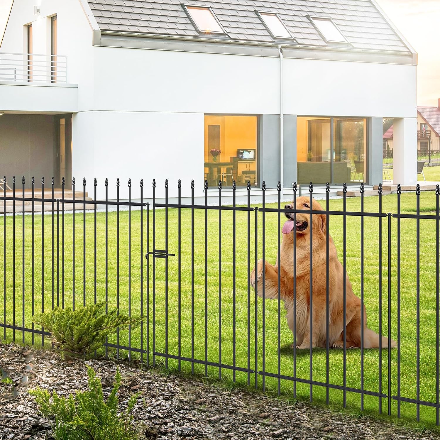 Metal Garden Fence with Gate for Dogs, 42 in H x 11.5 ft L
