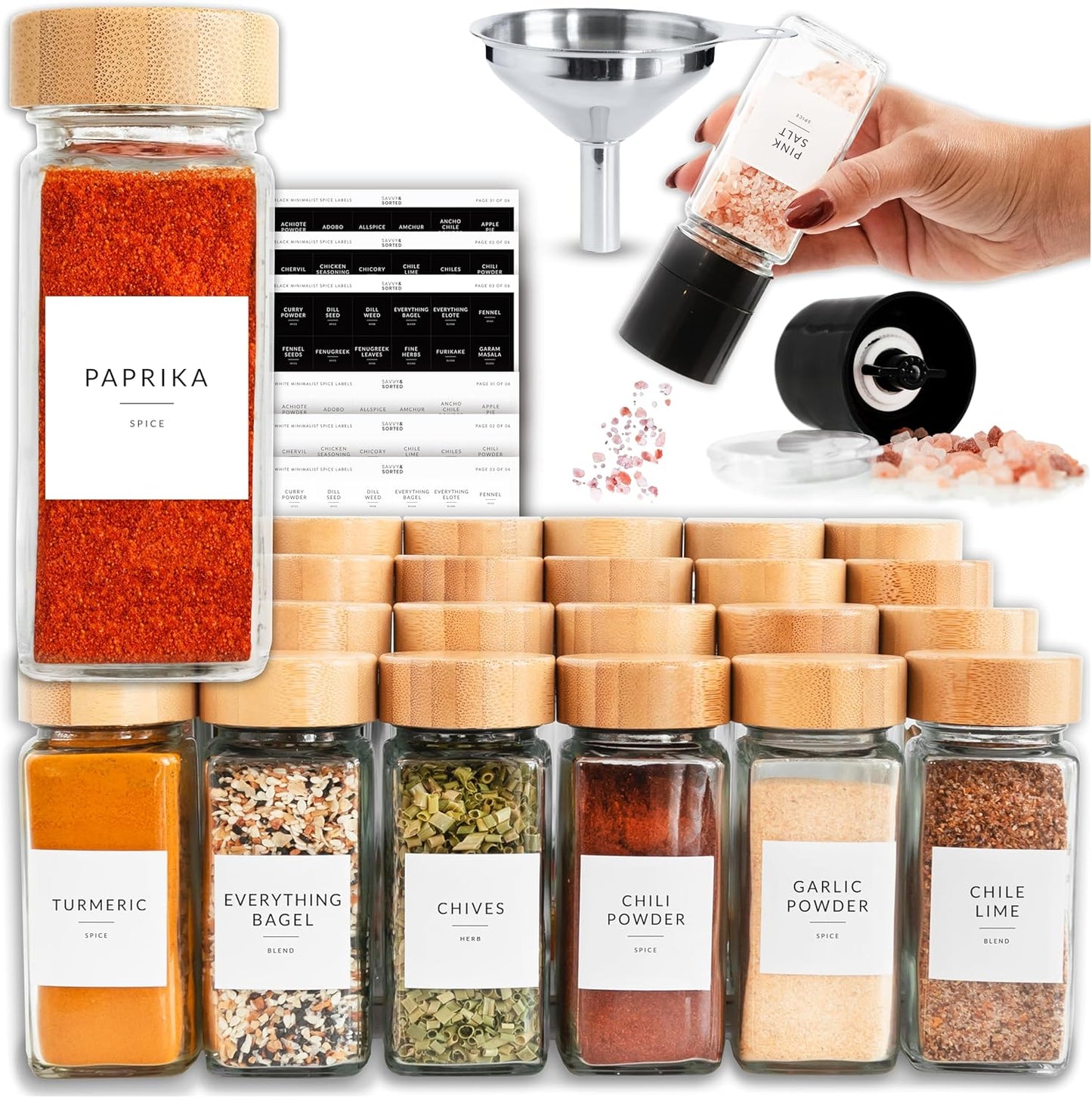 Glass Spice Jars Set with Labels and Grinder for Easy Organization
