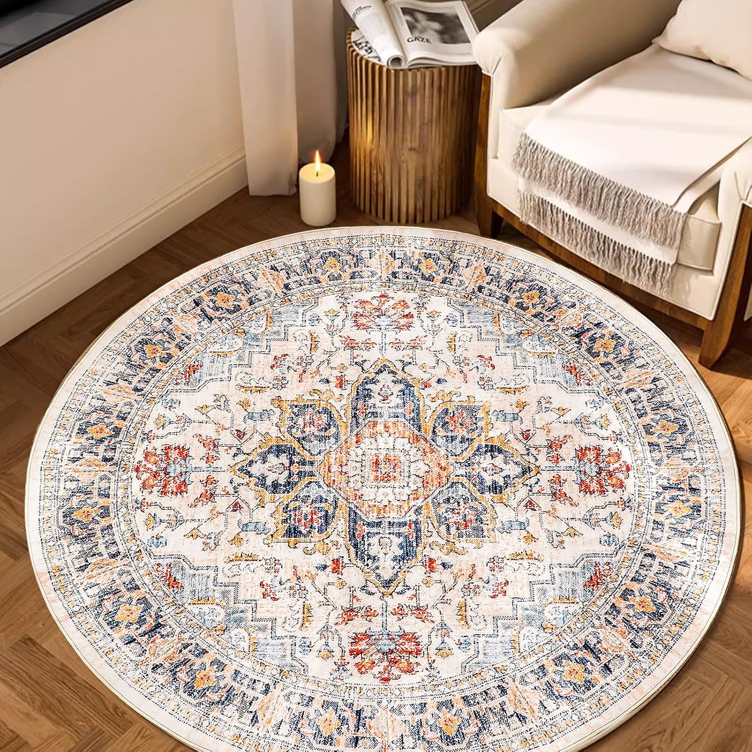 VK VKLIVING Round Washable Rug 5ftFt Vintage Non Slip Area Rug