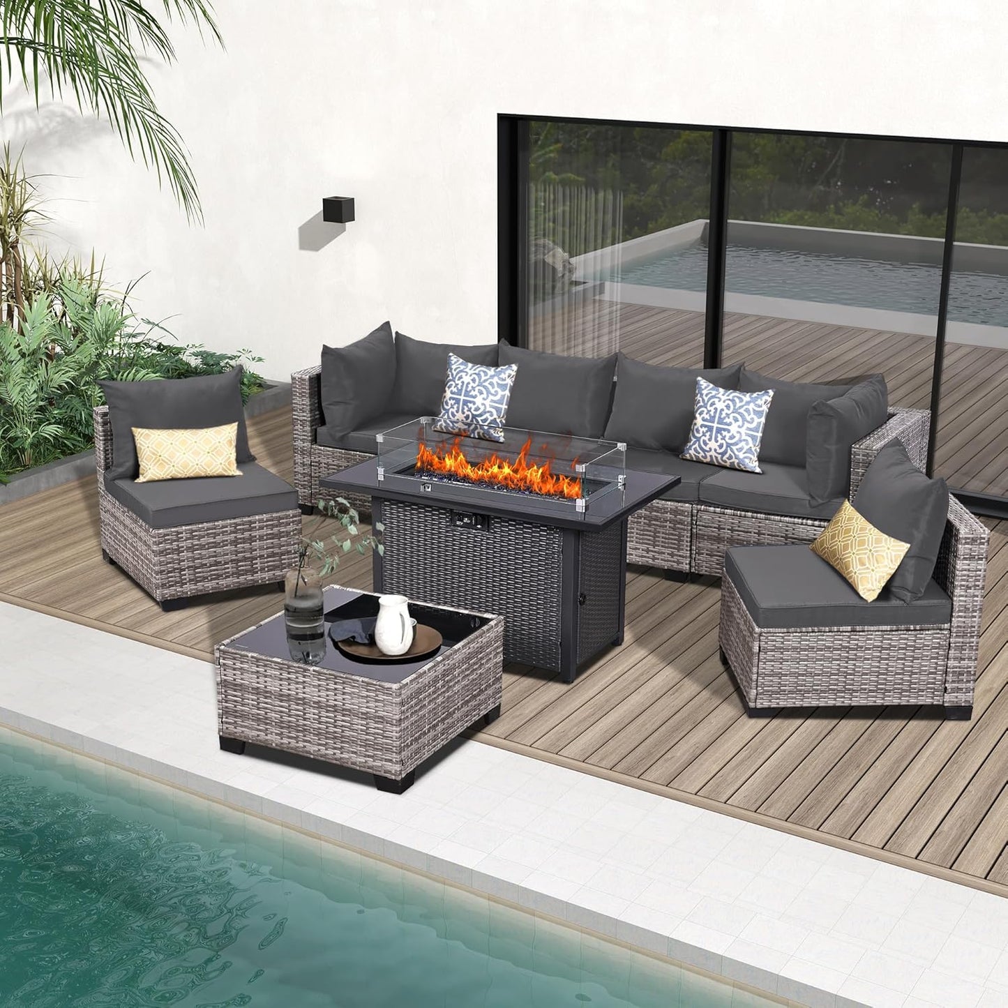 8-Piece Patio Furniture Set with Fire Pit Table for Outdoors