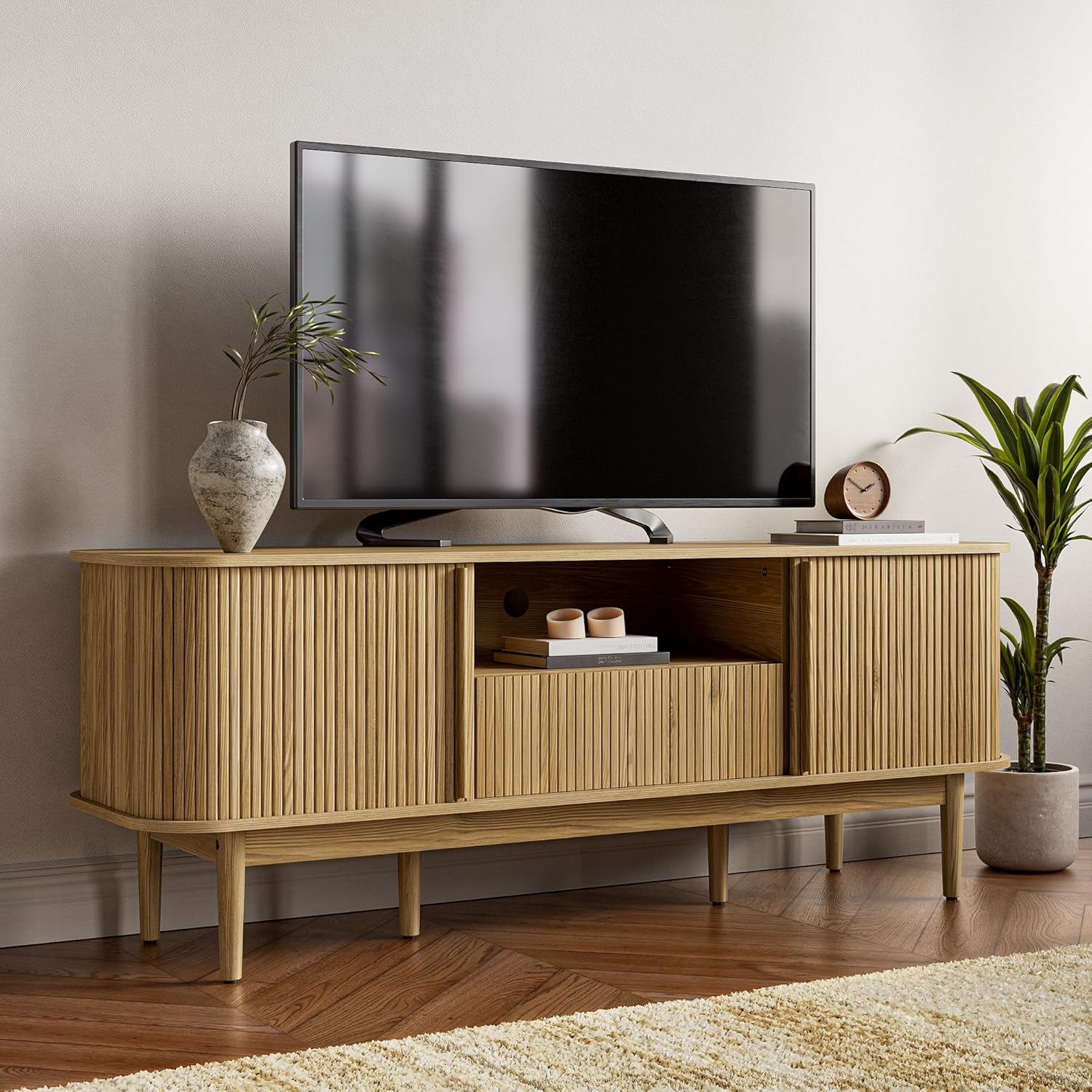 Modern 63 TV Stand with Sliding Doors & Storage, Natural Wood - Perfect for 45/55/70 inch TVs! Furniway