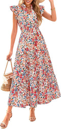 Women's Summer Floral Midi Dress V Neck Ruffle - Flowy Boho Midi