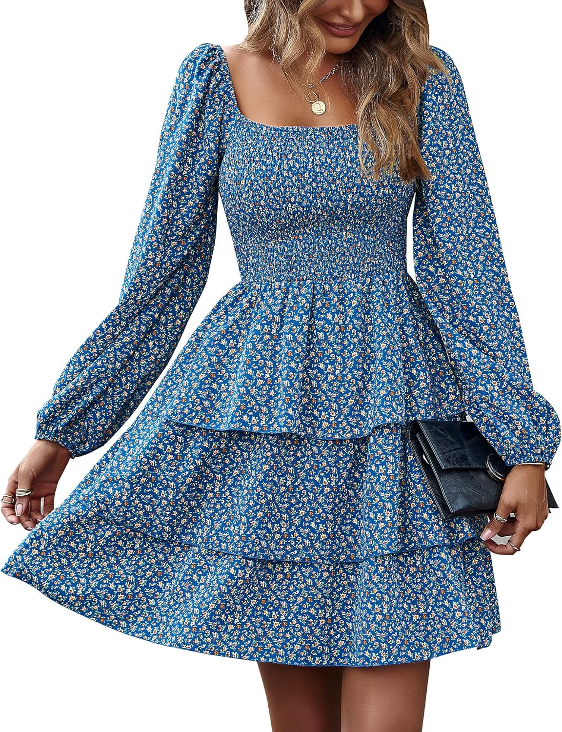 Womens Long Sleeve Dress with Square Neck and Floral Print
