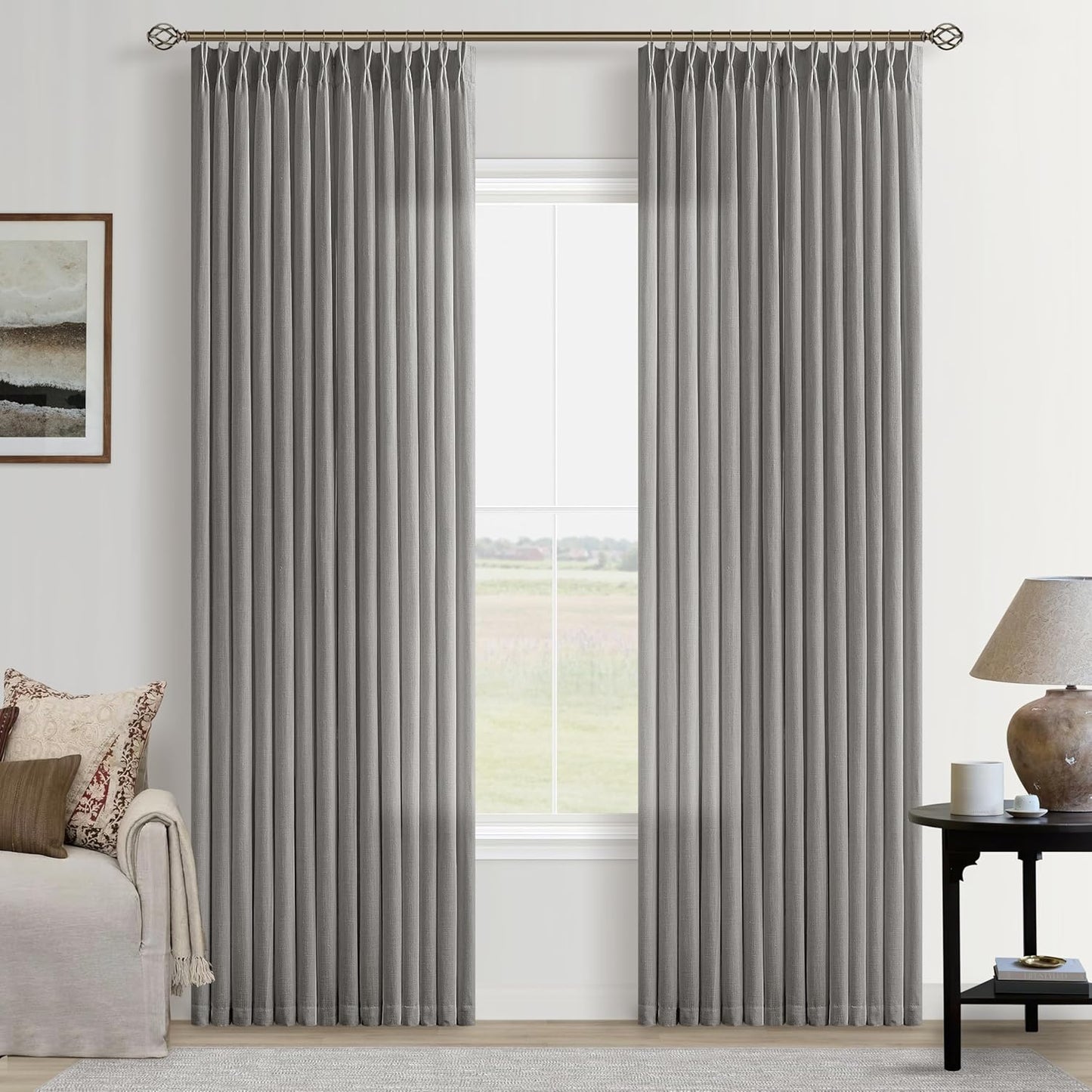 Grey Linen Pinch Pleat Curtains for Living Room and Bedroom