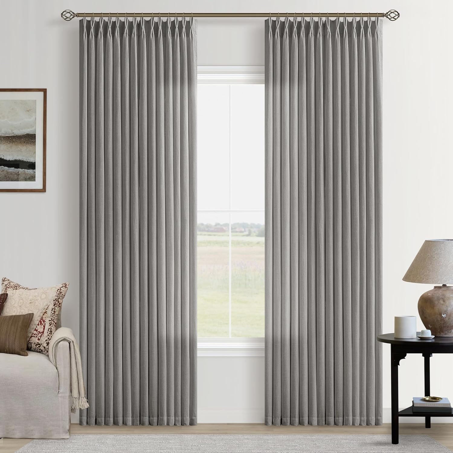Grey Linen Pinch Pleat Curtains for Living Room and Bedroom