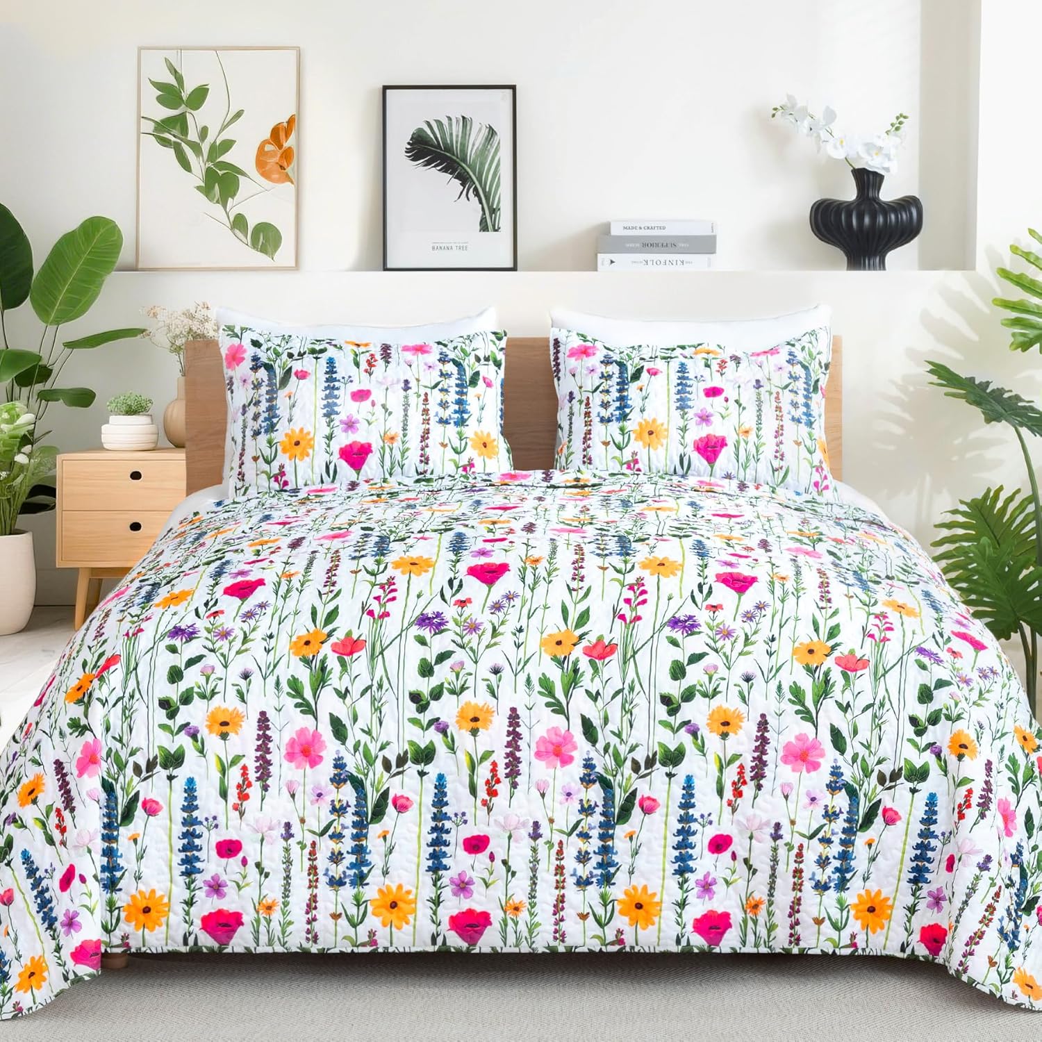 Floral Quilt Set Queen Size Lightweight Coverlet 3 Pieces