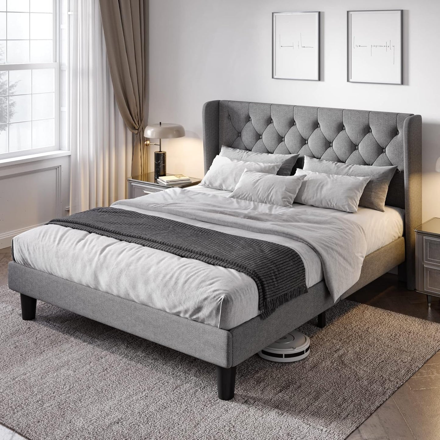 Allewie Full Size Bed Frame with Button Tufted Wingback Design