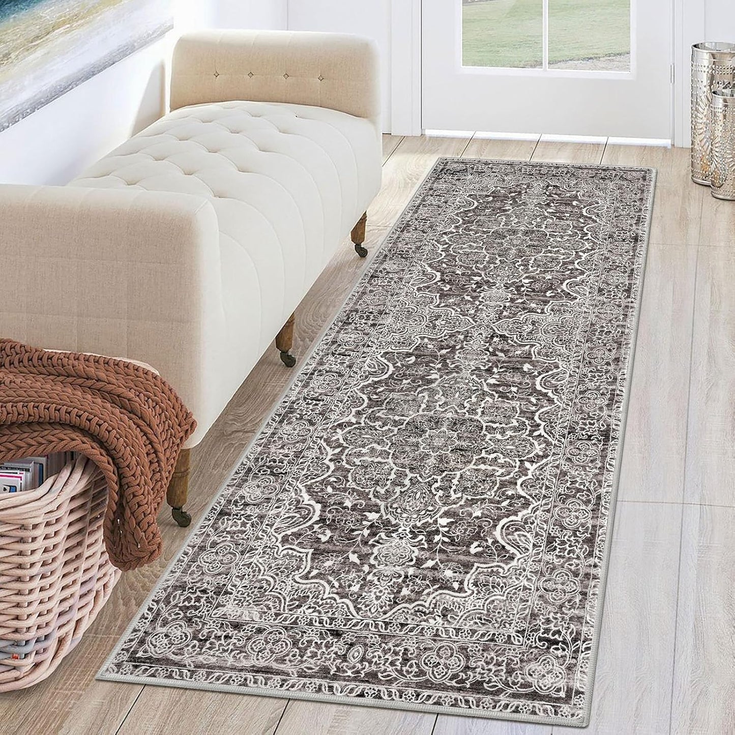 KUTA Runners for Hallways 2x6 Tan Grey Vintage Floral Design