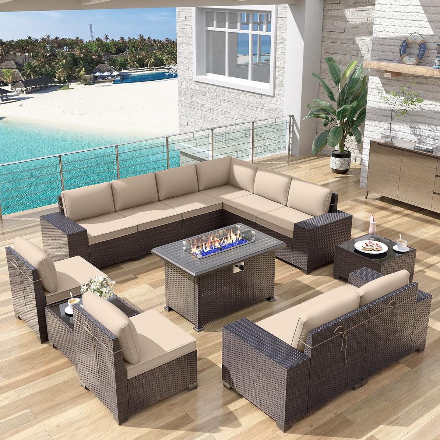 Kurapika 13 Pieces Patio Furniture Set with Fire Pit Table