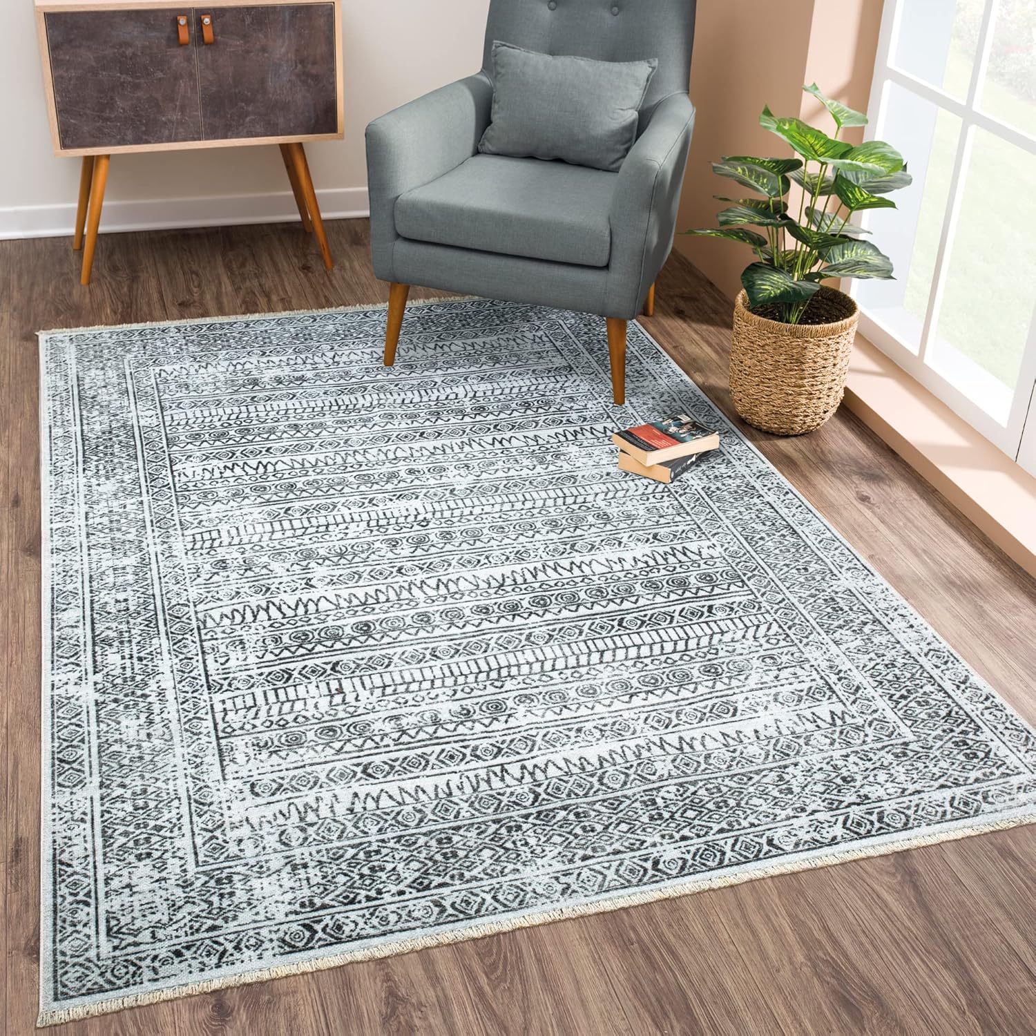 Caria Washable Non-Slip 8x10 Rug - Ivory/Black Geometric Design